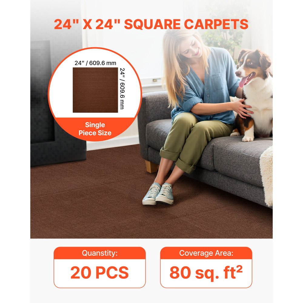 VEVOR Carpet Tiles 24x24 inch, 20 Pack Peel and Stick Carpet Square Rug, Self Adhesive Commercial Floor Soft Padded for Seamless Cover 80sq.ft², Easy DIY Replacement for Living Room Office,Dark Brown