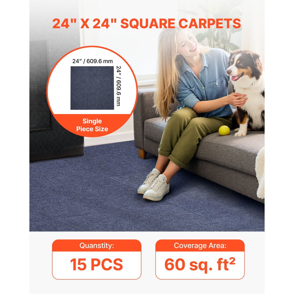 VEVOR Carpet Tiles 24x24 inch, 15 Pack Peel and Stick Carpet Square Rug, Self Adhesive Commercial Floor Soft Padded for Seamless Cover 60sq.ft², Easy DIY Replacement for Living Room Office,Gray