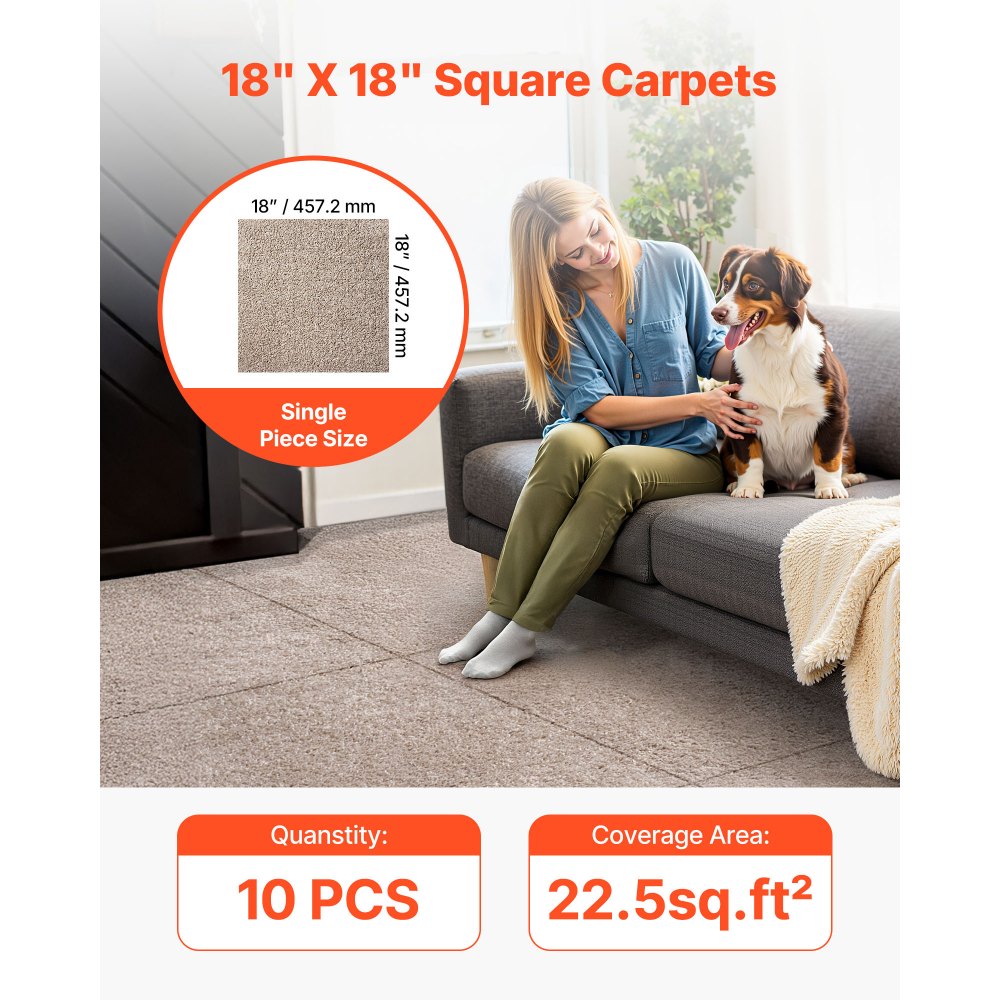 VEVOR Carpet Tiles 18x18 inch, 10 Pack Carpet Square Rug Detachable & Damage-free, Self Adhesive Home Floor Soft Plush Padded for 22.5sq.ft Coverage, Easy DIY for Living Room & Bedroom, Light Brown