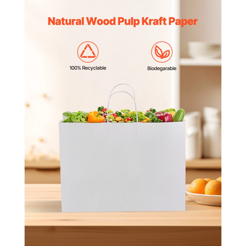 VEVOR Kraft Paper Bags with Handles, 100Pcs 16 x 6 x 12 in, Large Paper Grocery Bags, Reusable & Recycled Take-Out Sacks, Plain Party Bag Bulk for Birthday, Wedding, Business, Goody, White
