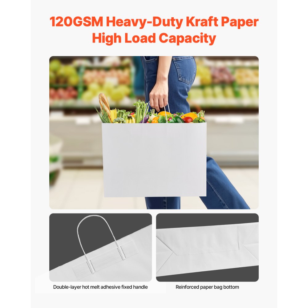 VEVOR Kraft Paper Bags with Handles, 100Pcs 16 x 6 x 12 in, Large Paper Grocery Bags, Reusable & Recycled Take-Out Sacks, Plain Party Bag Bulk for Birthday, Wedding, Business, Goody, White
