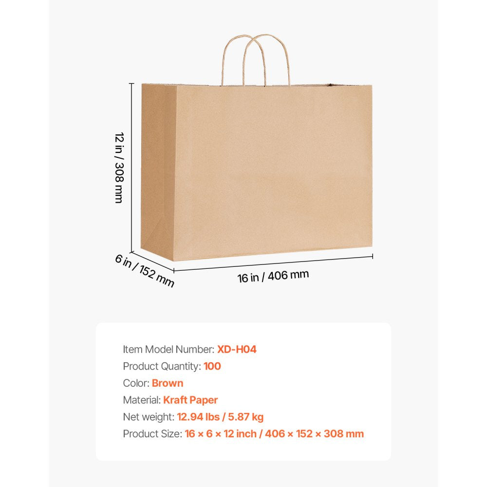 VEVOR Kraft Paper Bags with Handles, 100Pcs 16 x 6 x 12 in, Large Paper Grocery Bags, Reusable & Recycled Take-Out Sacks, Plain Party Bag Bulk for Birthday, Wedding, Business, Goody, Brown