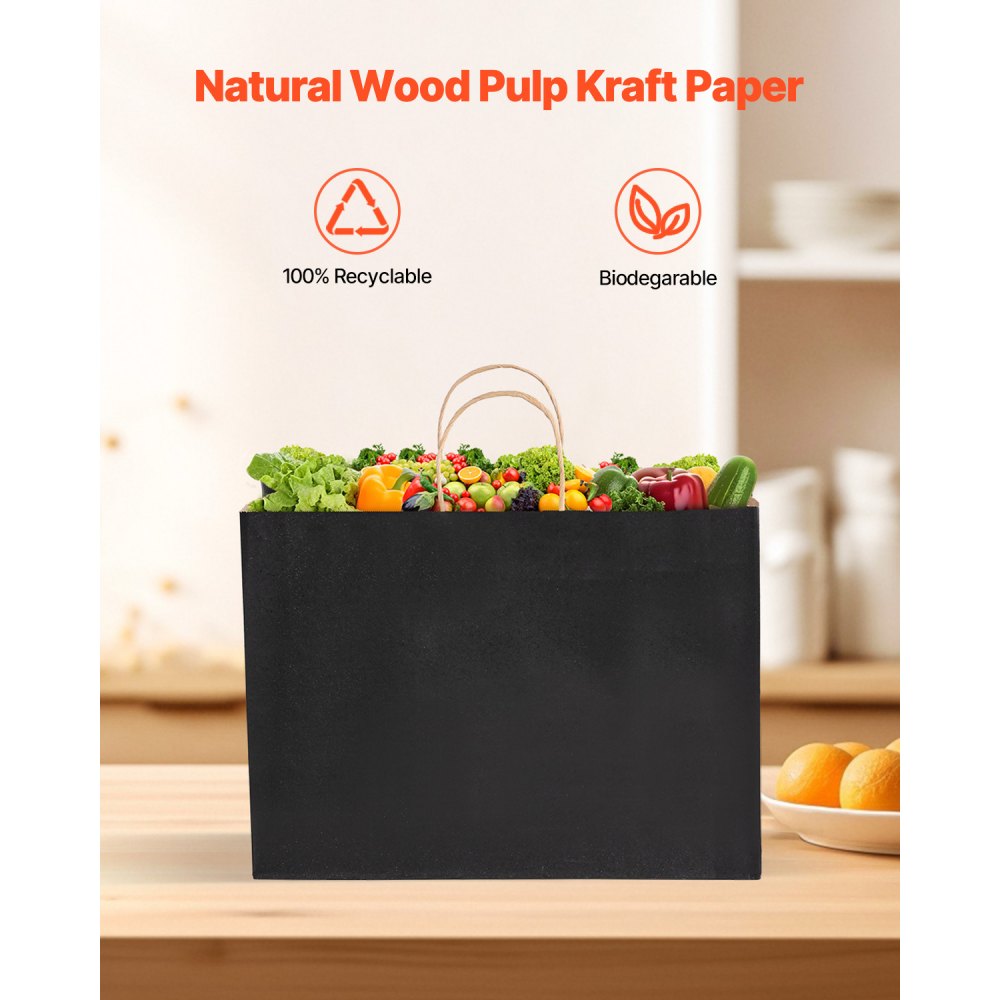 VEVOR Kraft Paper Bags with Handles, 100Pcs 16 x 6 x 12 in, Large Paper Grocery Bags, Reusable & 100% Recycled Take-Out Sacks, Plain Party Bag Bulk for Birthday, Wedding, Business, Goody, Black
