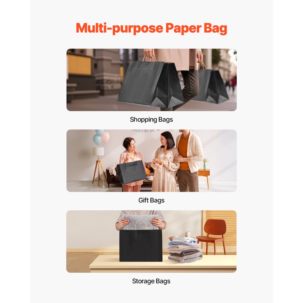 VEVOR Kraft Paper Bags with Handles, 100Pcs 16 x 6 x 12 in, Large Paper Grocery Bags, Reusable & 100% Recycled Take-Out Sacks, Plain Party Bag Bulk for Birthday, Wedding, Business, Goody, Black