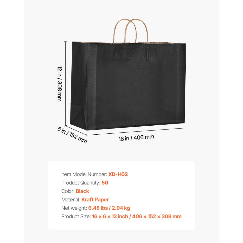 VEVOR Kraft Paper Bags with Handles, 50Pcs 16 x 6 x 12 in, Large Paper Grocery Bags, Reusable & Recycled Take-Out Sacks, Plain Party Bag Bulk for Birthday, Wedding, Business, Goody, Black