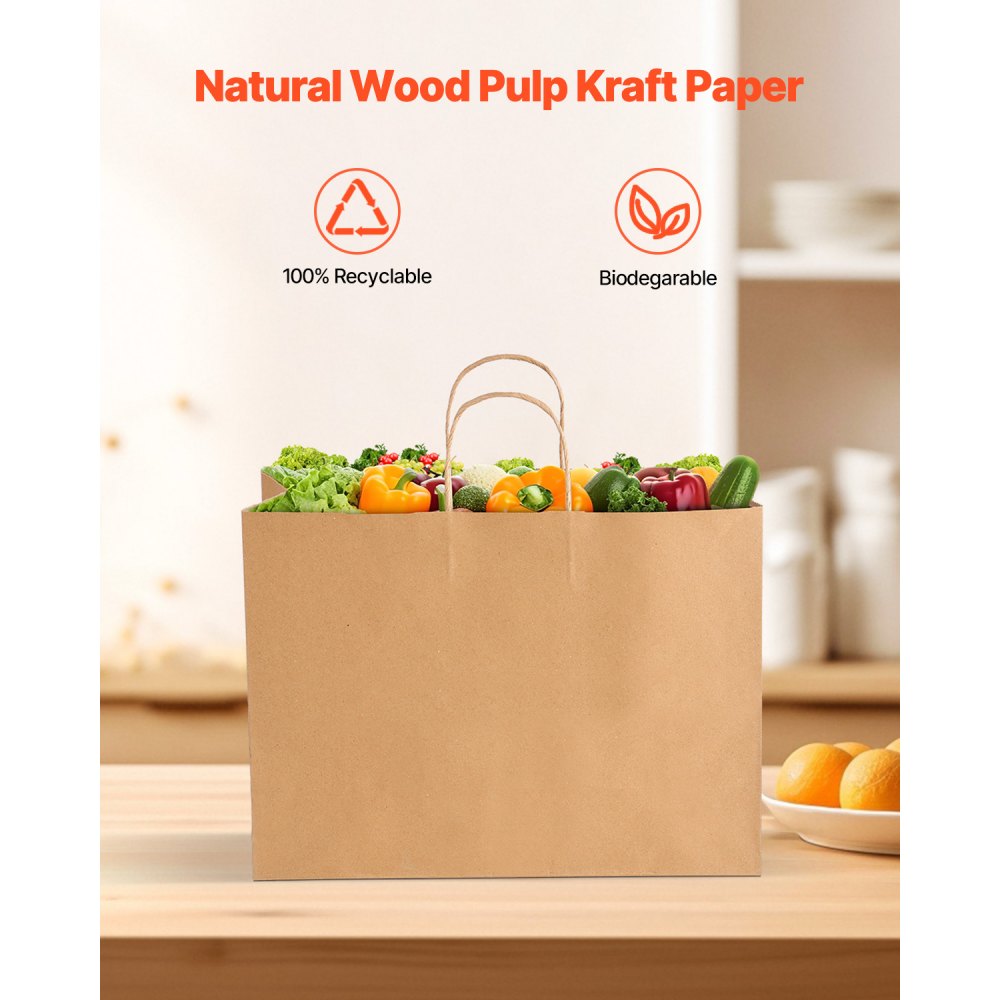 VEVOR Kraft Paper Bags with Handles, 50Pcs 16 x 6 x 12 in, Large Paper Grocery Bags, Reusable & Recycled Brown Take-Out Sacks, Plain Party Bag Bulk for Birthday, Wedding, Business, Goody, Craft