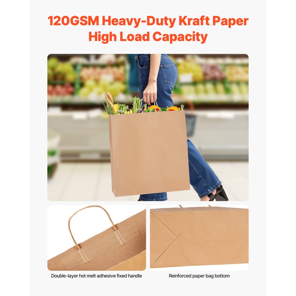 VEVOR Kraft Paper Bags with Handles, 100Pcs 18 x 7 x 19 in, Large Paper Grocery Bags, Reusable & 100% Recycled Take-Out Sacks, Plain Party Bag Bulk for Birthday, Wedding, Business, Goody, Brown