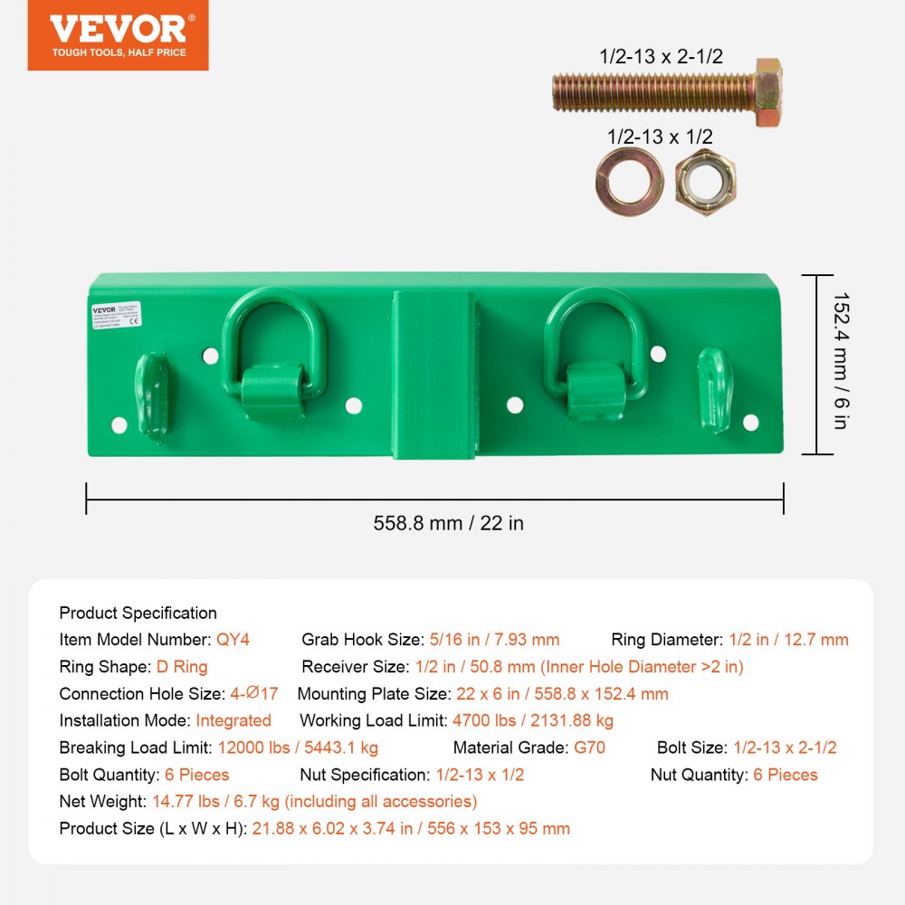 VEVOR 5/16" Tractor Bucket Hook with Tie Down Ring, Grade 70 Forged Steel Heavy Duty Bolt-On Grab Hook with Back Plate Compatible for Tractor Bucket RV UTV Truck, Maximum Break Strength 12,000 lbs