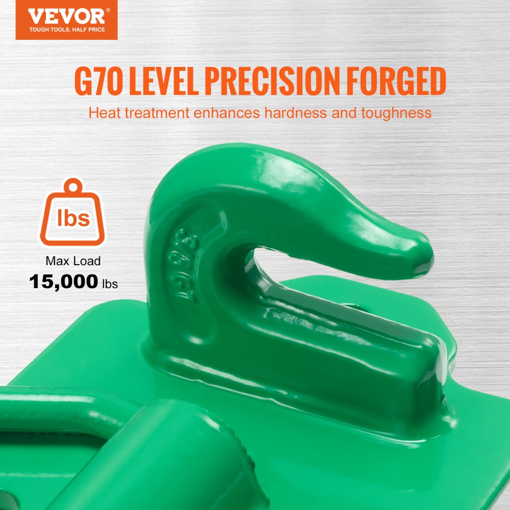 VEVOR 3/8" Tractor Bucket Hooks with Tie Down Ring, Grade 70 Forged Steel 2 Pack Bolt-On Grab Hook with Back Plates Compatible for Tractor Bucket RV UTV Truck Maximum Break Strength 15,000 lbs, Green