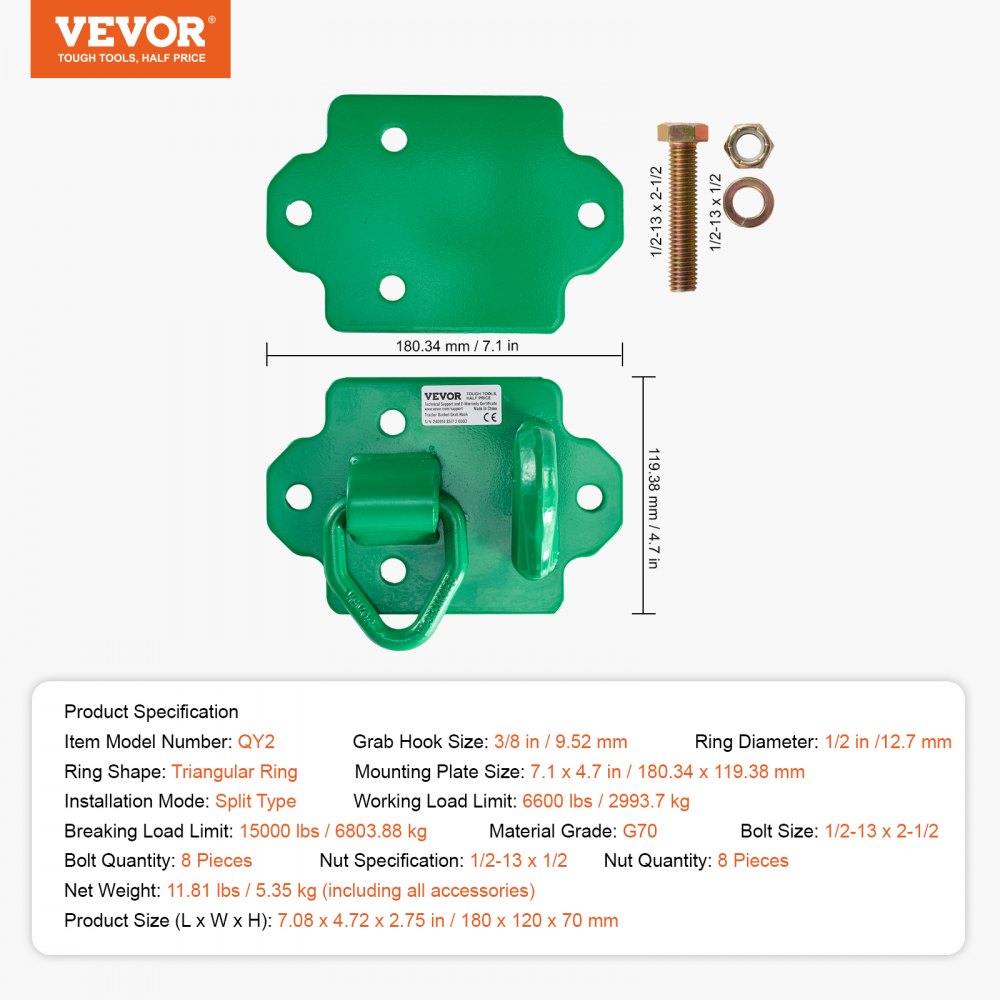 VEVOR 3/8" Tractor Bucket Hooks with Tie Down Ring, Grade 70 Forged Steel 2 Pack Bolt-On Grab Hook with Back Plates Compatible for Tractor Bucket RV UTV Truck Maximum Break Strength 15,000 lbs, Green
