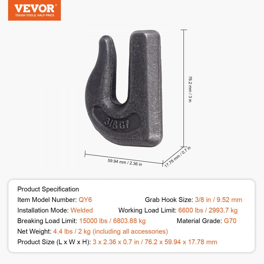 VEVOR Weld-on Grab Chain Hooks 3/8" Heavy Duty Tow Hook G70 Forged Steel 6 Packs Tractor Hook Weldable Compatible for Tractor Bucket, Crane, Chain Hoist, Forklift, Maximum Break Strength 15,000 lbs