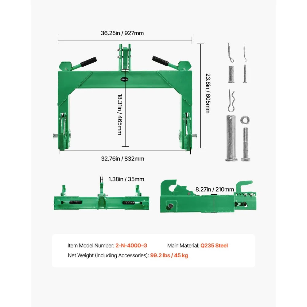 VEVOR 3-Point Quick Hitch - dimension diagram and included hardware