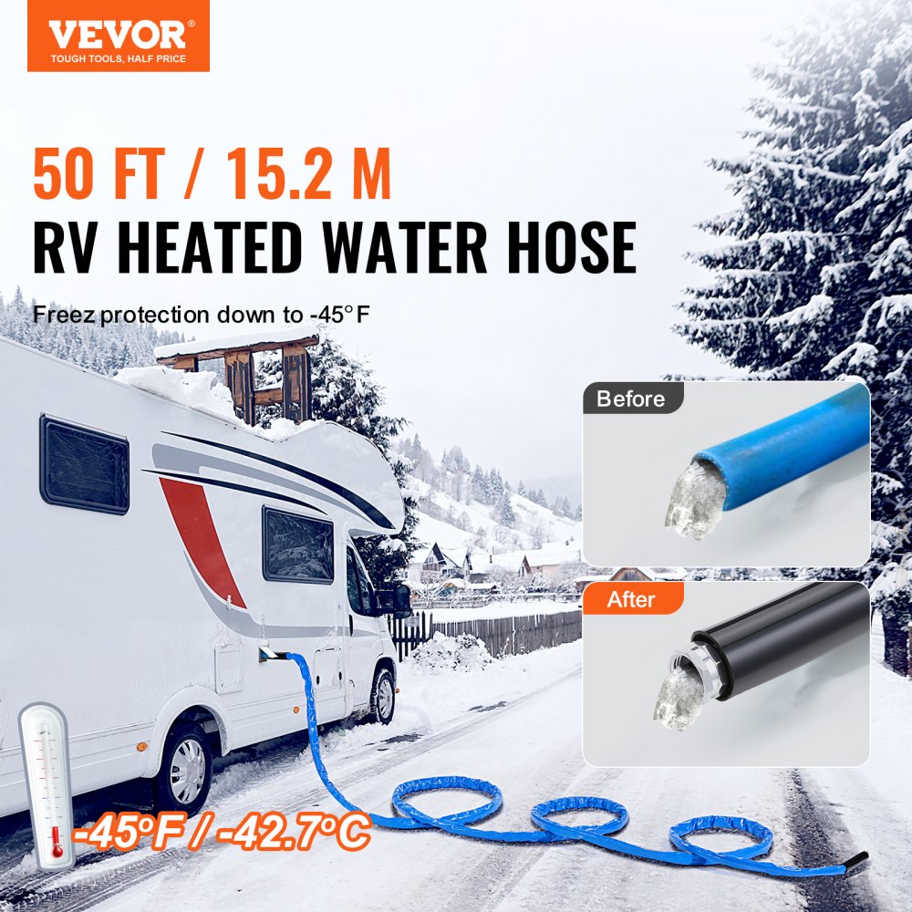 VEVOR 50ft Heated Water Hose for RV, Heated Drinking Water Hose with Corrugated Cover Antifreeze to -45°F, Automatic Self-regulating, 5/8" I.D. with 3/4" GHT Adapter, Lead and BPA Free