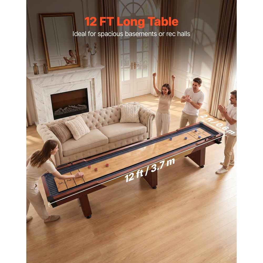 VEVOR 12 ft Shuffleboard Table, 2 in 1 Shuffleboard and Bowling Combo Set, Shuffle Board with Rustic Wood Finish, Scratch-Resistant Playfield, 8 Pucks, Bowling Set, Wax, Brush, for Family Game Room