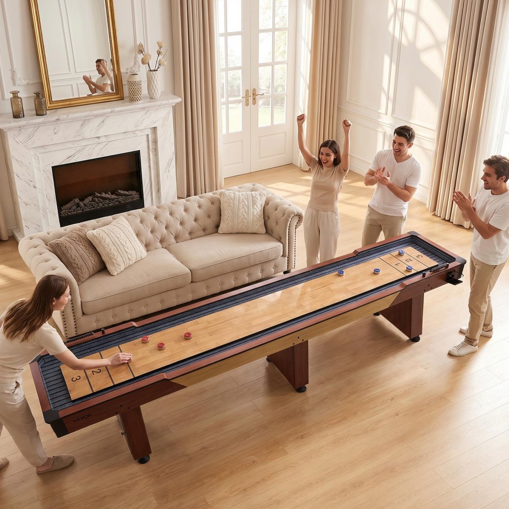 VEVOR 12 ft Shuffleboard Table, 2 in 1 Shuffleboard and Bowling Combo Set, Shuffle Board with Rustic Wood Finish, Scratch-Resistant Playfield, 8 Pucks, Bowling Set, Wax, Brush, for Family Game Room