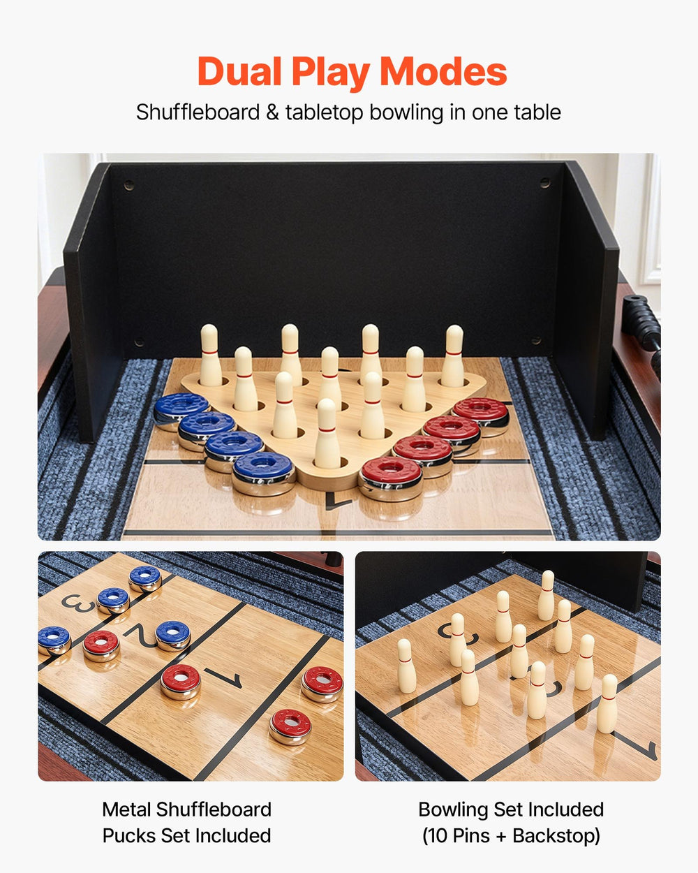 VEVOR 12 ft Shuffleboard Table, 2 in 1 Shuffleboard and Bowling Combo Set, Shuffle Board with Rustic Wood Finish, Scratch-Resistant Playfield, 8 Pucks, Bowling Set, Wax, Brush, for Family Game Room