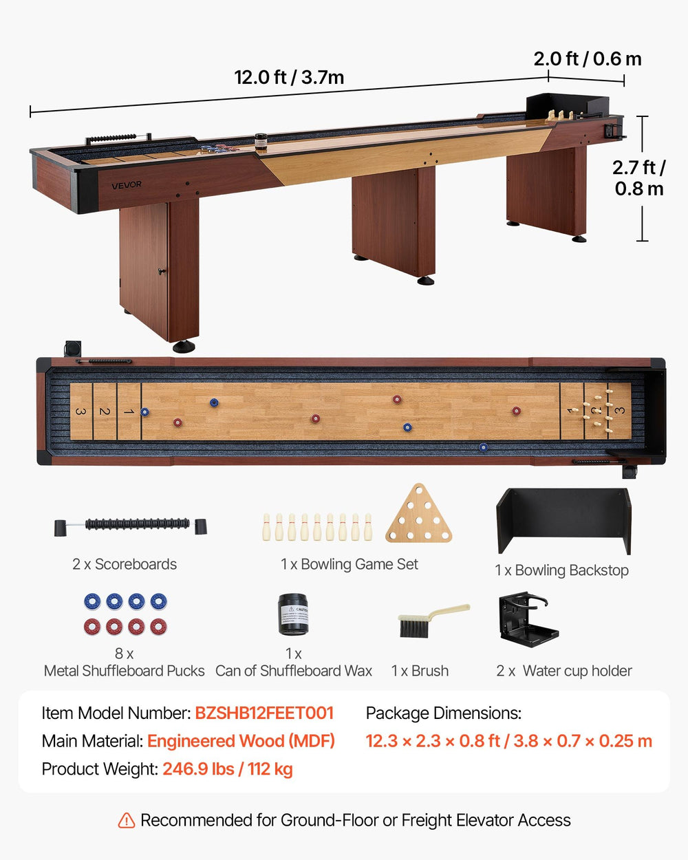VEVOR 12 ft Shuffleboard Table, 2 in 1 Shuffleboard and Bowling Combo Set, Shuffle Board with Rustic Wood Finish, Scratch-Resistant Playfield, 8 Pucks, Bowling Set, Wax, Brush, for Family Game Room