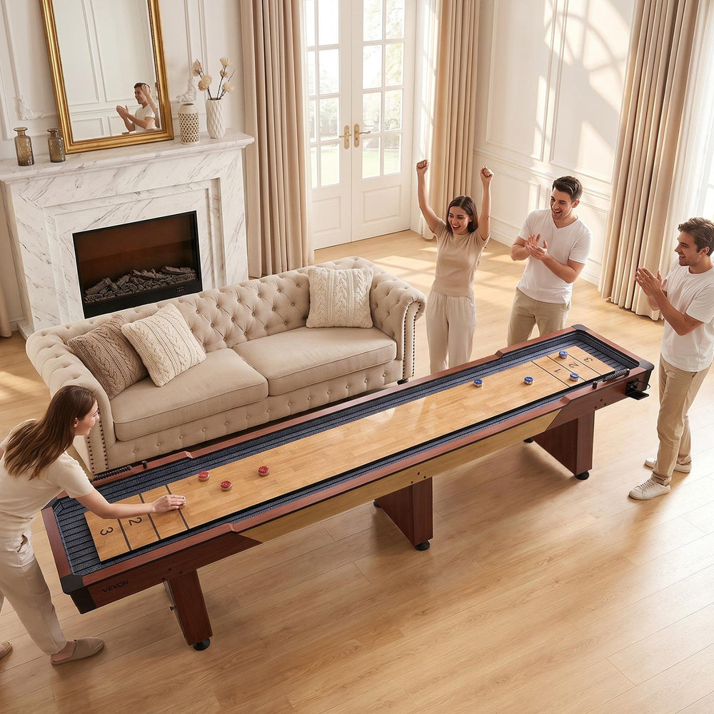 VEVOR 12 ft Shuffleboard Table, 2 in 1 Shuffleboard and Bowling Combo Set, Shuffle Board with Rustic Wood Finish, Scratch-Resistant Playfield, 8 Pucks, Bowling Set, Wax, Brush, for Family Game Room