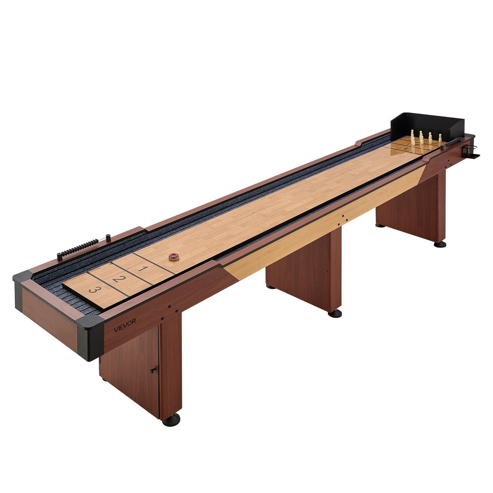 VEVOR 12 ft Shuffleboard Table, 2 in 1 Shuffleboard and Bowling Combo Set, Shuffle Board with Rustic Wood Finish, Scratch-Resistant Playfield, 8 Pucks, Bowling Set, Wax, Brush, for Family Game Room