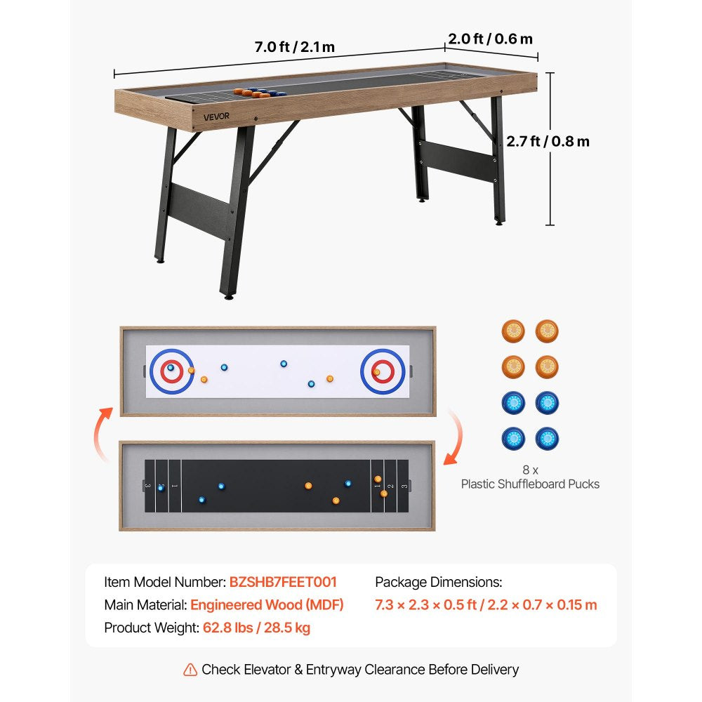 VEVOR 7 ft Shuffleboard Table, 2 in 1 Shuffleboard and Tabletop Curling Combo Game, Compact Shuffle Board with Smooth Surface, Folding Legs, 8 Pucks, Easy to Disassemble and Move, for Family Game Room