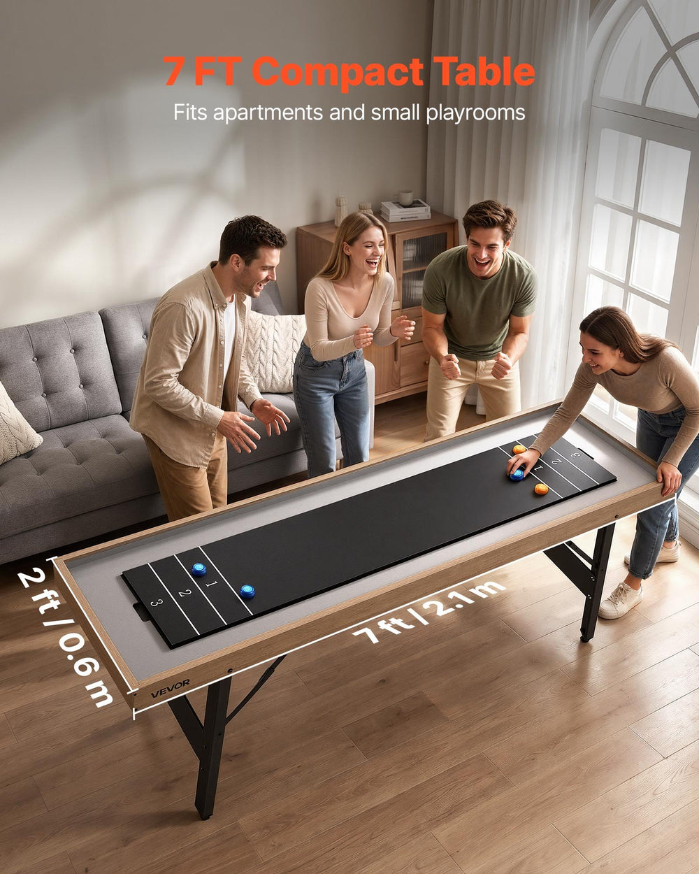 VEVOR 7 ft Shuffleboard Table, 2 in 1 Shuffleboard and Tabletop Curling Combo Game, Compact Shuffle Board with Smooth Surface, Folding Legs, 8 Pucks, Easy to Disassemble and Move, for Family Game Room