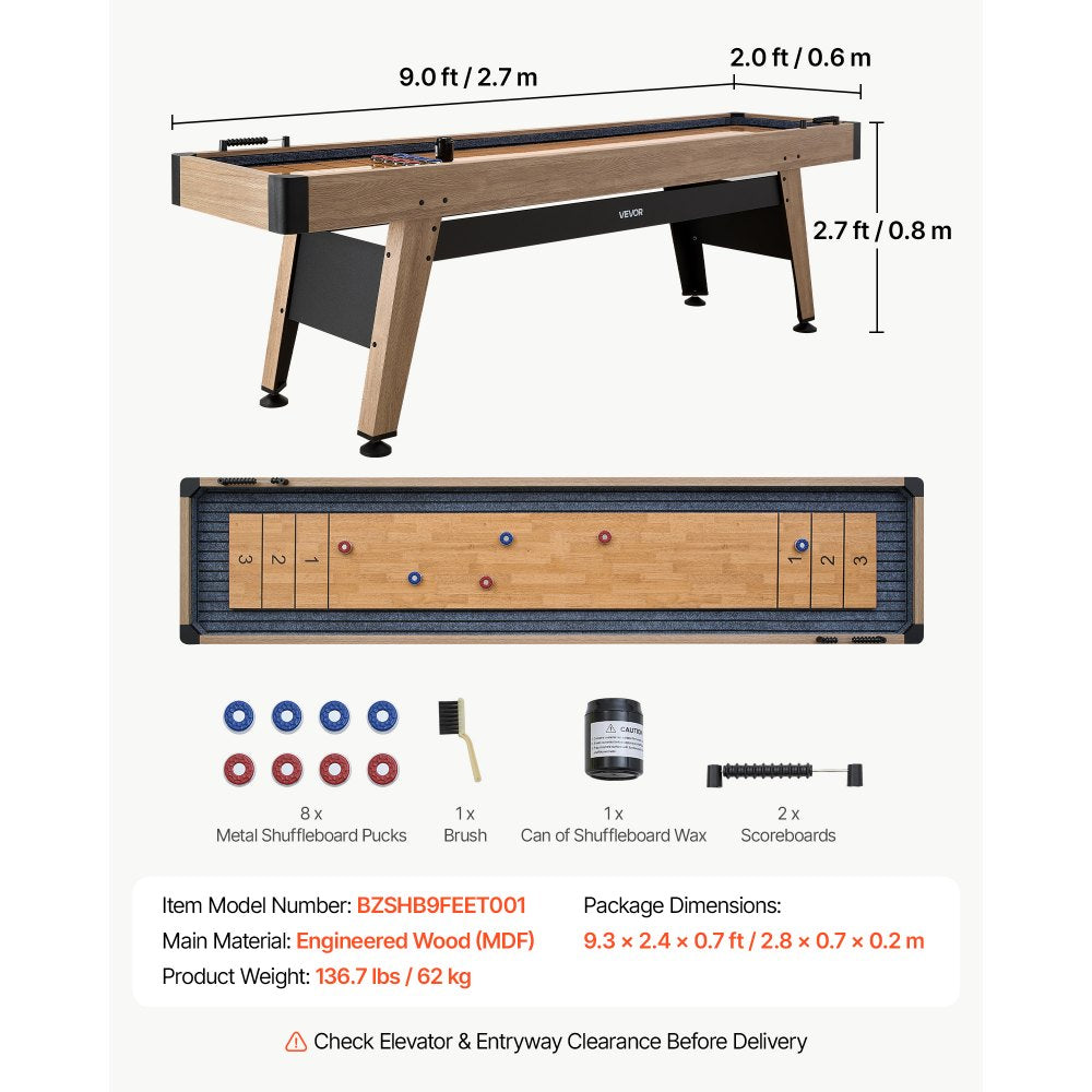 VEVOR 9 ft Shuffleboard Table, Scratch-Resistant Playfield for Smooth, Fast Puck Action, Pedestal Legs with Levelers for Optimum Stability, Shuffle Board w/ 8 Pucks, Wax, Brush, for Family Game Room
