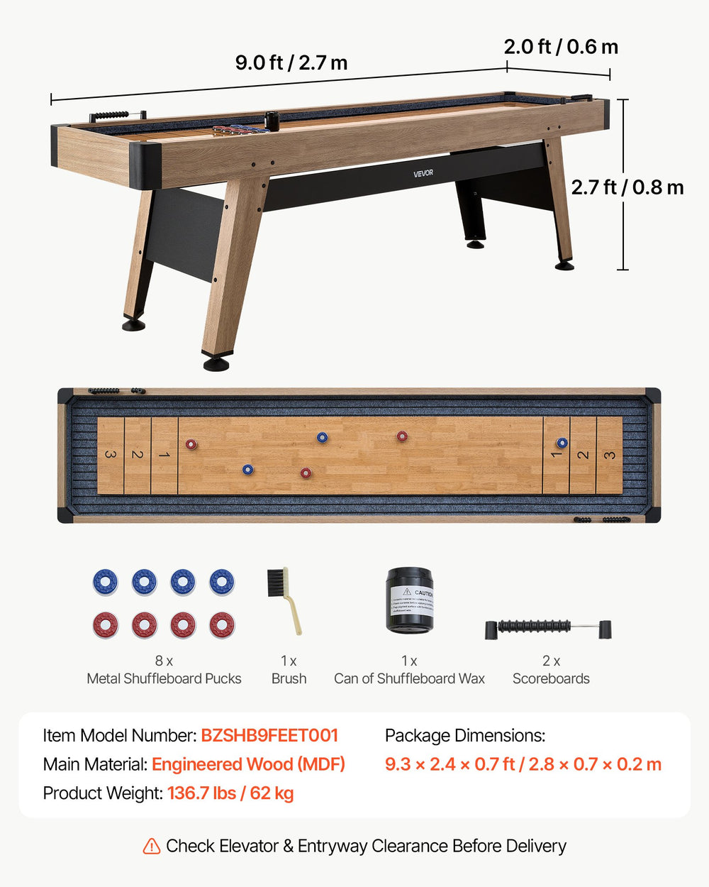 VEVOR 9 ft Shuffleboard Table, Scratch-Resistant Playfield for Smooth, Fast Puck Action, Pedestal Legs with Levelers for Optimum Stability, Shuffle Board w/ 8 Pucks, Wax, Brush, for Family Game Room