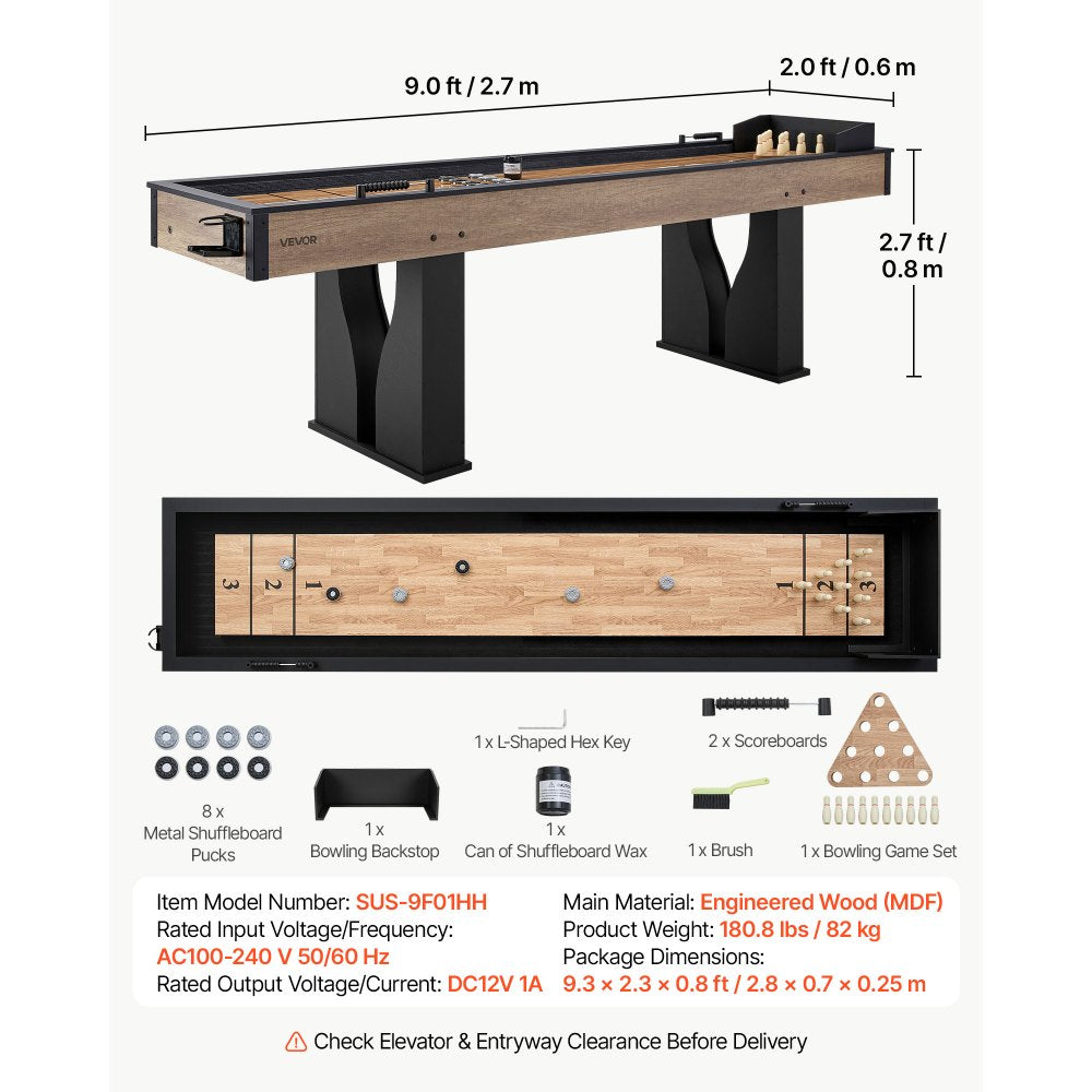 VEVOR 9 ft LED Shuffleboard Table, 2 in 1 Shuffleboard and Bowling Combo Set, Shuffle Board with Light‑Up Rails, Scratch-Resistant Playfield, 8 Pucks, Bowling Set, Wax, Brush, for Family Game Room