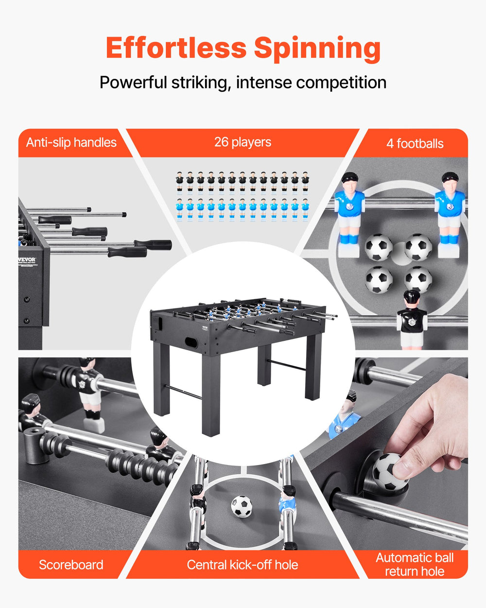 VEVOR Foosball Table - Effortless spinning and gameplay features infographic