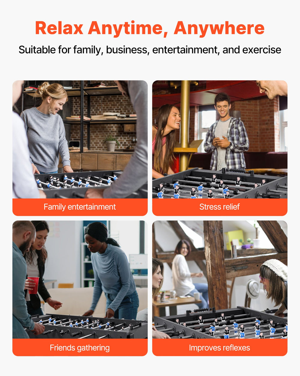 VEVOR Foosball Table - Relax anytime anywhere use cases infographic