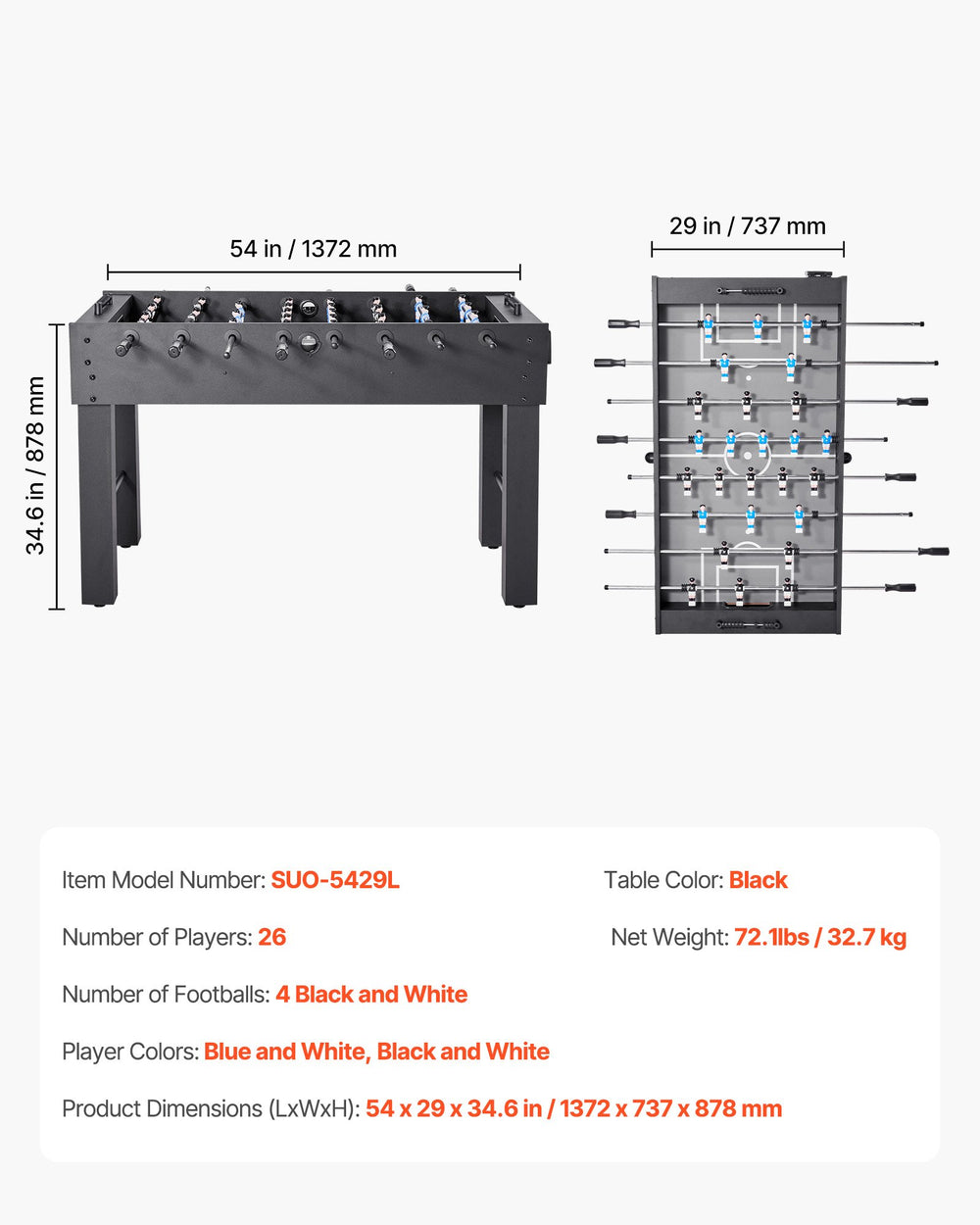 VEVOR Foosball Table - Dimensions and key specs infographic