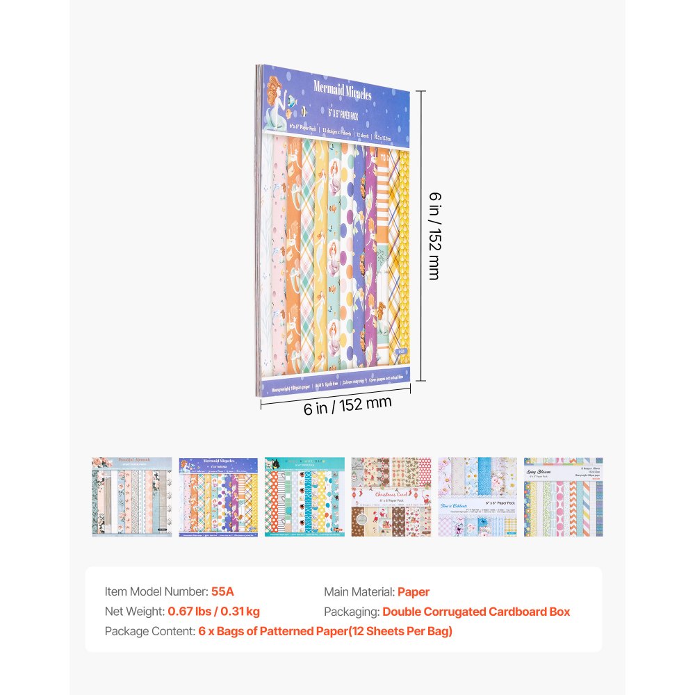 VEVOR Scrapbook Paper, 72 Sheets, 6 x 6 in Mixed Special Paper for VEVOR Die Cutting and Embossing Machine, Vibrant Color, Patterned Design for Decorations, Scrapbooking, Card Making, and DIY Crafting