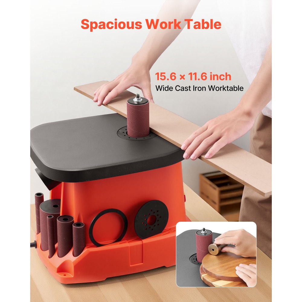 VEVOR Oscillating Spindle Sander, 2400RPM Benchtop Spindle Sander with 6 Sleeves (1/2"-3"), 5/8" Stroke, 15.6" x 11.6" Cast Iron Worktable for Furniture Finishing, Crafts Sanding, DIY Woodworking