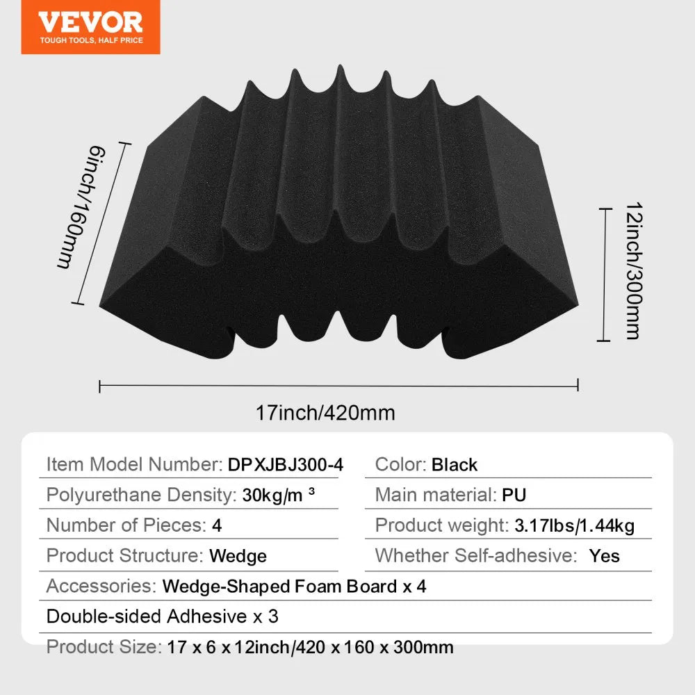 VEVOR Acoustic Foam Panels, 4 Pack 16.5 x 6.3 x 12 inches, Adhesive High Density Soundproof Wall Panels,Fire-Resistant Acoustic Panel,Sound Dampening Absorbing Panel for Studio Wall and Ceiling,Black