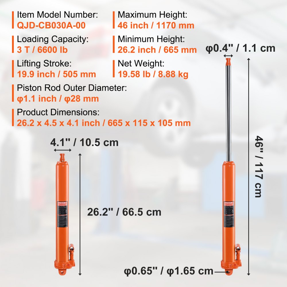 VEVOR Hydraulic Long Ram Jack, 3 Ton Engine Hoist Cylinder with Single Piston Pump And Clevis Base, Hydraulic Ram Cylinder for Engine Lift Hoists, Hydraulic Garage/Shop Cranes, Mechanical, Farm