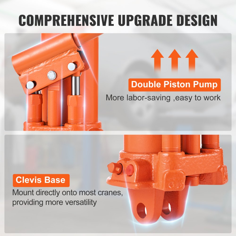 VEVOR Hydraulic Long Ram Jack, 8 Ton Engine Hoist Cylinder with Double Piston Pump And Clevis Base, Hydraulic Ram Cylinder for Engine Lift Hoists, Hydraulic Garage/Shop Cranes, Mechanical, Farm