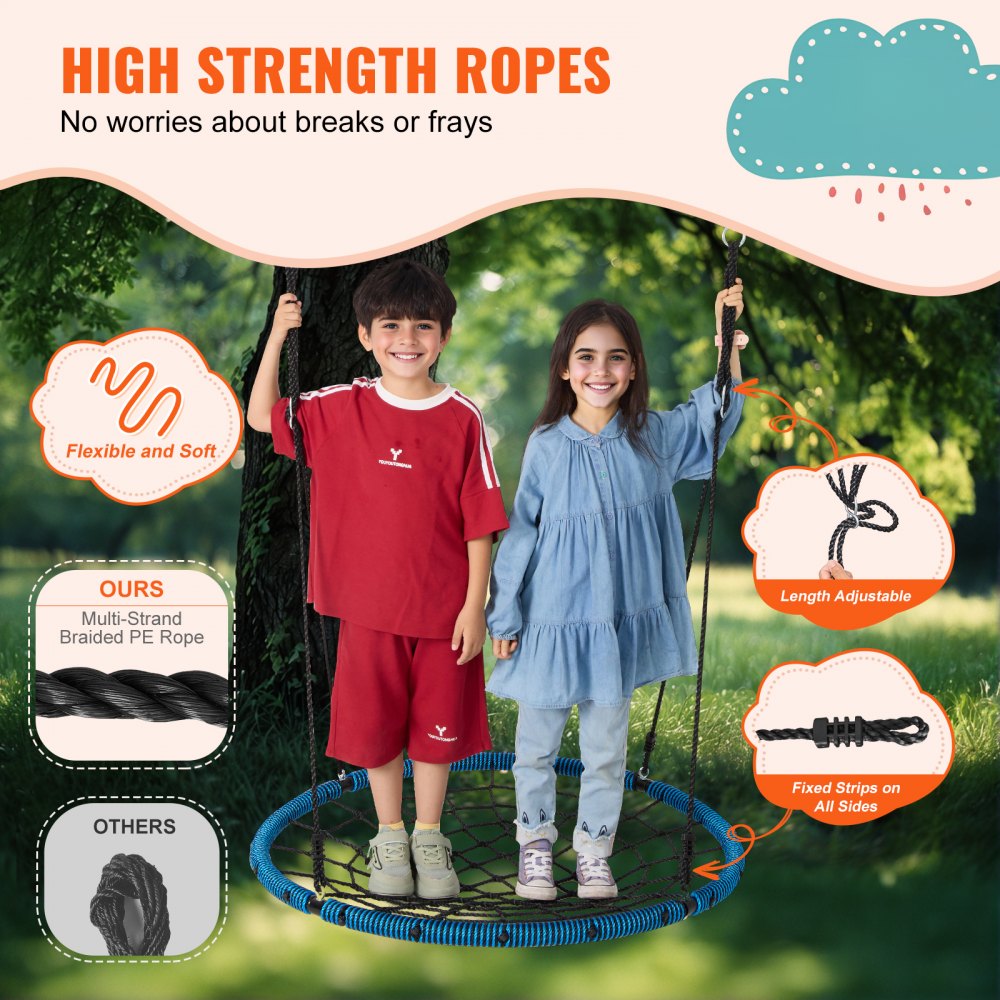 VEVOR Spider Web Saucer Swing, 40 Inch Round Swings for Kids Outdoor, 750lbs Weight Capacity Saucer Tree Swing, Stable Woven Rope Swing Seat with Tree Hanging Straps and Adjustable Multi-Strand Ropes
