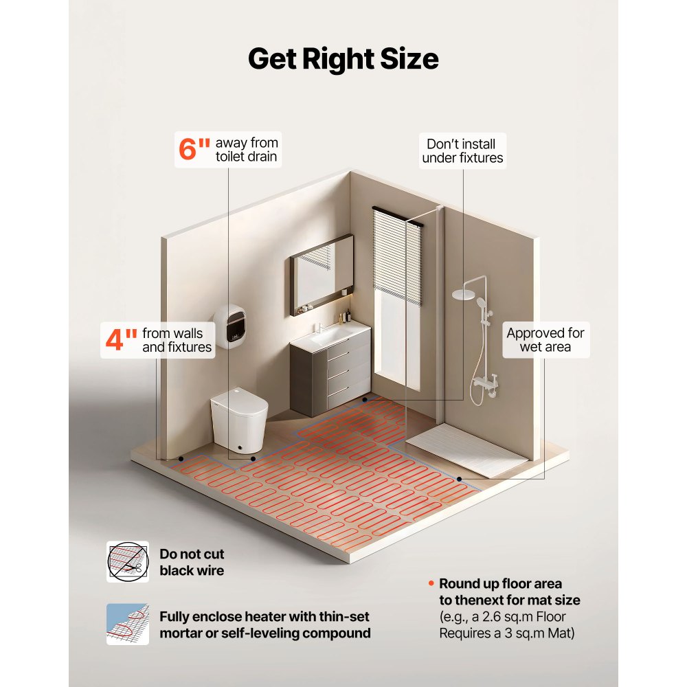 VEVOR 15 sqft Self-Adhesive Mesh Floor Heating Mat System, 120V Electric Radiant Heated Floor System, with Smart Control Thermostat & Alarm, Easy Installation for Tile, Stone, Vinyl