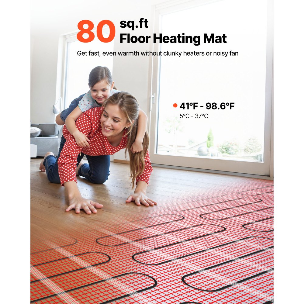 VEVOR 80 sqft Self-Adhesive Mesh Floor Heating Mat System, 120V Electric Radiant Heated Floor System, with Smart Control Thermostat & Alarm, Easy Installation for Tile, Stone, Vinyl