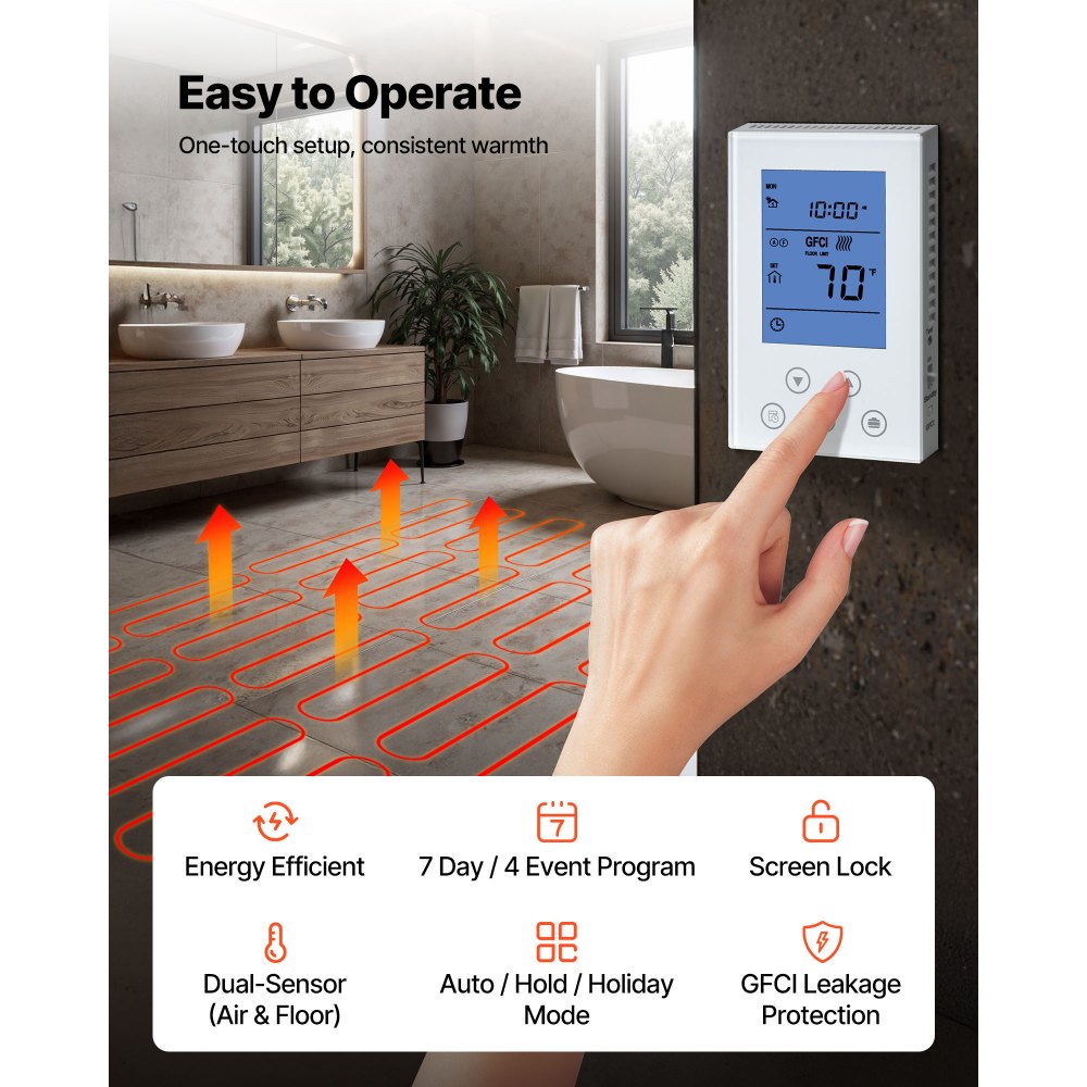 VEVOR 90 sqft Self-Adhesive Mesh Floor Heating Mat System, 120V Electric Radiant Heated Floor System, with Smart Control Thermostat & Alarm, Easy Installation for Tile, Stone, Vinyl