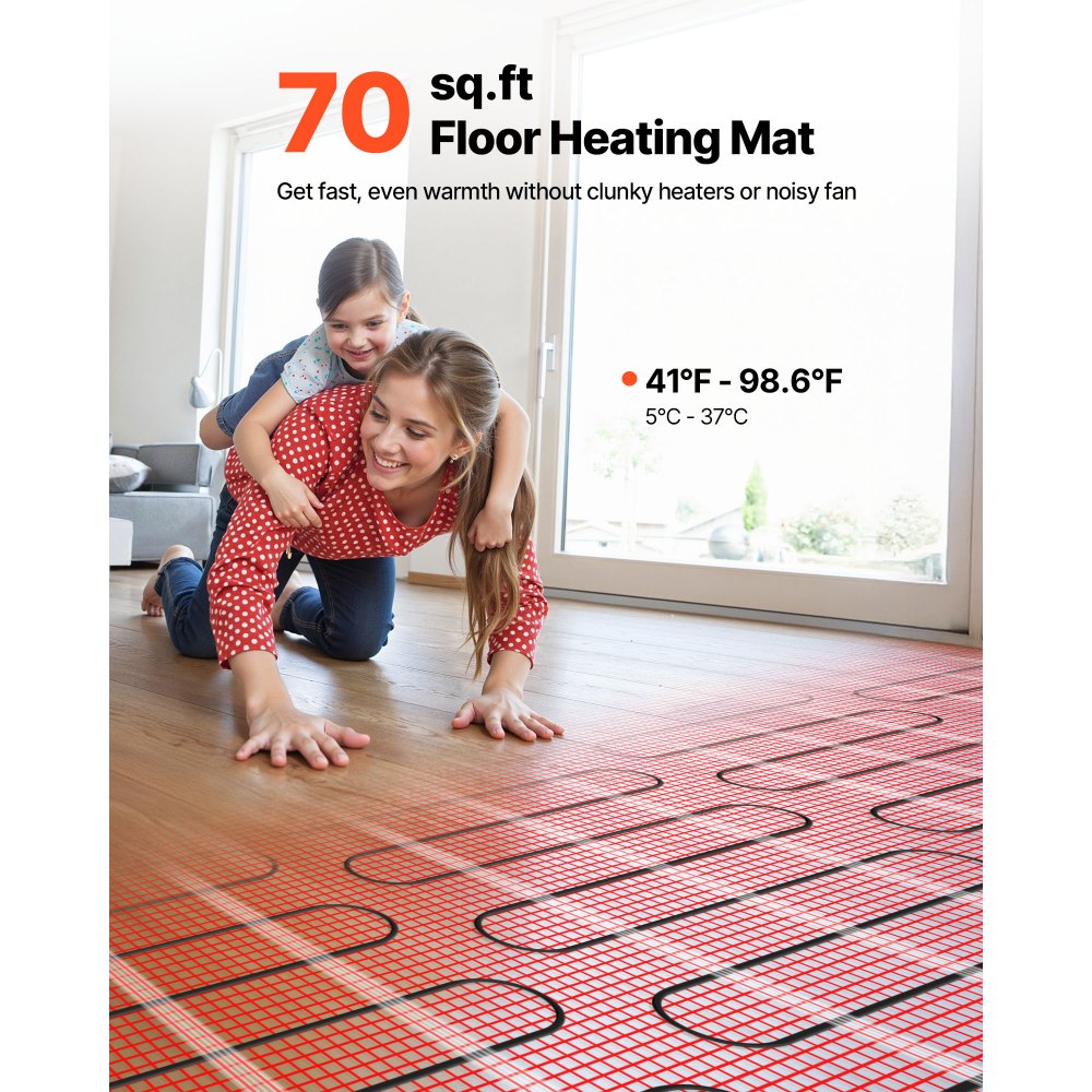 VEVOR 70 sqft Self-Adhesive Mesh Floor Heating Mat System, 120V Electric Radiant Heated Floor System, with Smart Control Thermostat & Alarm, Easy Installation for Tile, Stone, Vinyl