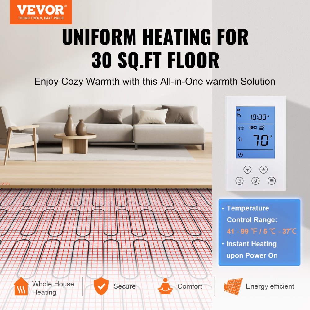 VEVOR Floor Heating Mat, 30 Sq.ft, Electric Radiant In-Floor Heated Warm System with Digital Floor Sensing Thermostat, Includes Installation Monitor, Adhesive Back for Easy Installation on The Floor