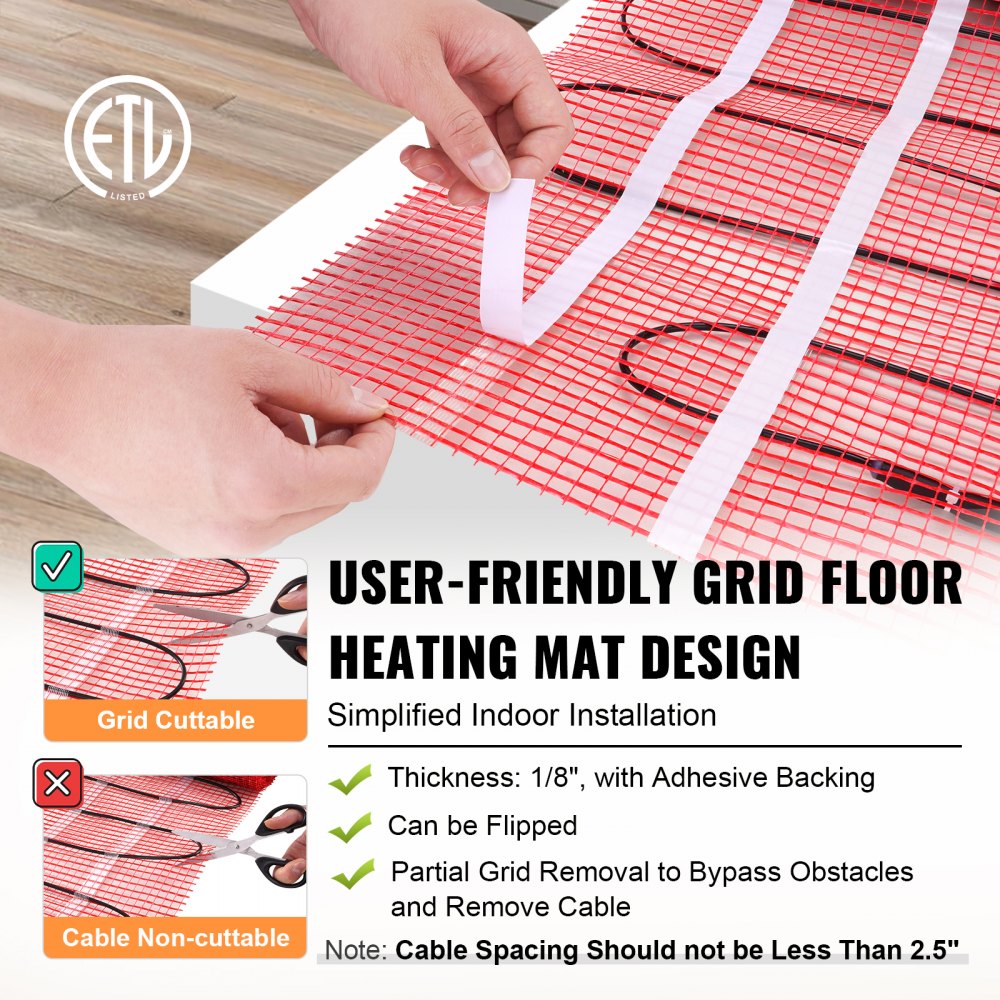 VEVOR Floor Heating Mat, 20 Sq. ft, Electric Radiant In-Floor Heated Warm System with Digital Floor Sensing Thermostat, Includes Installation Monitor, Adhesive Back for Easy Installation on The Floor