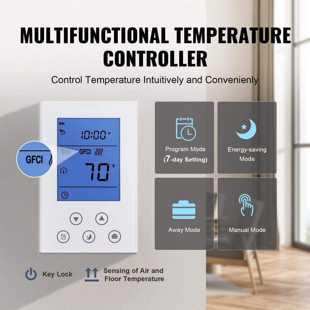 VEVOR Floor Heating Mat, 20 Sq. ft, Electric Radiant In-Floor Heated Warm System with Digital Floor Sensing Thermostat, Includes Installation Monitor, Adhesive Back for Easy Installation on The Floor