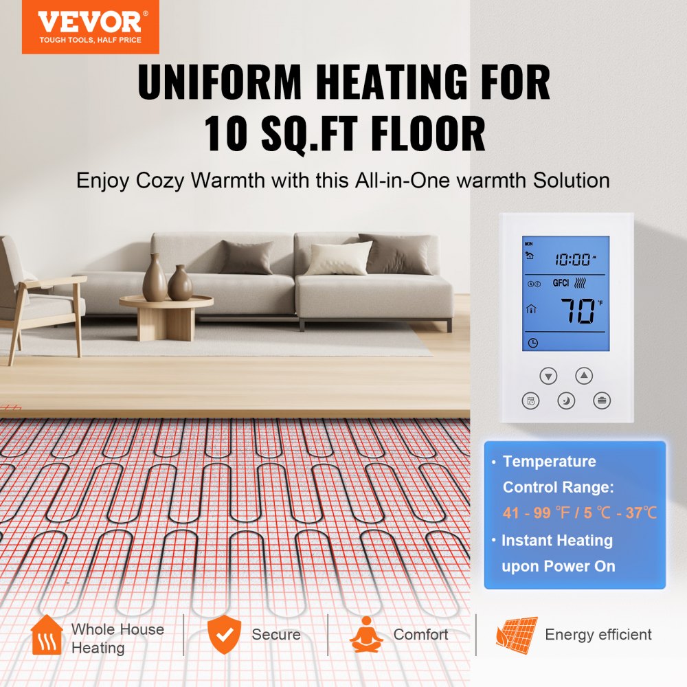 VEVOR Floor Heating Mat,10 Sq.ft. 14℉-113℉ Electric Radiant Floor Heated Warm System with Digital Floor Sensing Thermostat, 110-120V  Includes Installation Monitor, Adhesive Back for Easy Installation