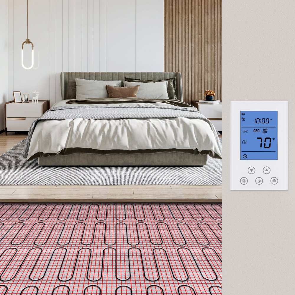 VEVOR Floor Heating Mat,10 Sq.ft. 14℉-113℉ Electric Radiant Floor Heated Warm System with Digital Floor Sensing Thermostat, 110-120V  Includes Installation Monitor, Adhesive Back for Easy Installation