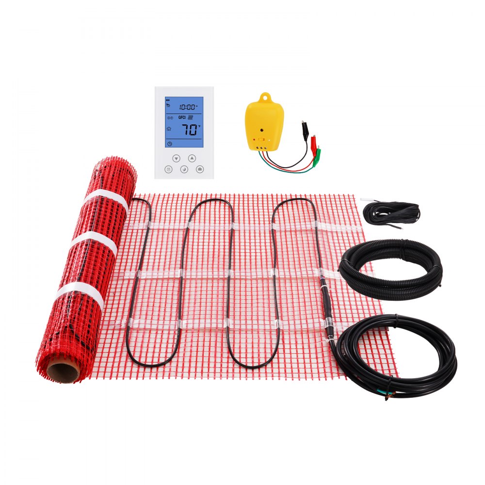 VEVOR Floor Heating Mat,10 Sq.ft. 14℉-113℉ Electric Radiant Floor Heated Warm System with Digital Floor Sensing Thermostat, 110-120V  Includes Installation Monitor, Adhesive Back for Easy Installation