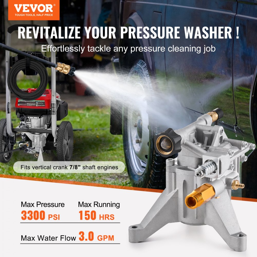 VEVOR Pressure Washer Pump, 7/8" Shaft Vertical, 3300 PSI, 3.0GPM, Replacement Power Washer Pumps Kit with 5 Nozzles, Hardware and Siphon Tube, Compatible with RYOBI, Honda, Briggs and Stratton