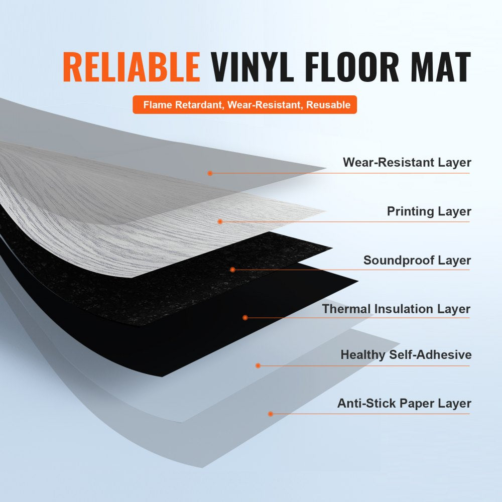 VEVOR Self Adhesive Vinyl Floor Tiles 36 x 6 inch, 20 Tiles 0.62mm Thick Peel & Stick, Light Gray Wood Grain DIY Flooring for Kitchen, Dining Room, Bedrooms & Bathrooms, Easy for Home Decor