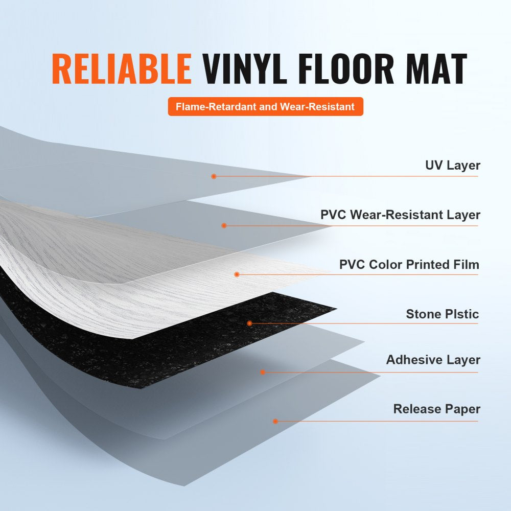 VEVOR Self Adhesive Vinyl Floor Tiles 36 x 6 inch, 36 Tiles 2.5mm Thick Peel & Stick, Light Gray Wood Grain DIY Flooring for Kitchen, Dining Room, Bedrooms & Bathrooms, Easy for Home Decor